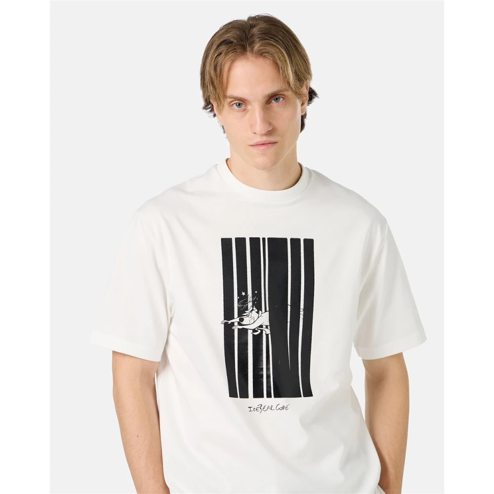 Iceberg Wit katoenen jersey T-shirt met code print Beige Heren