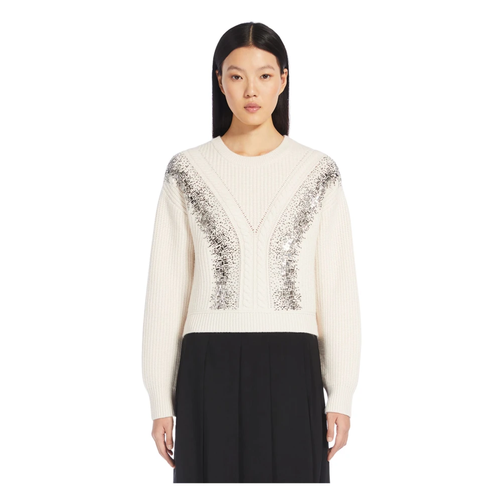 Max Mara Studio Beige Wol Cropped Sweater met Spiegelborduurwerk Beige Dames