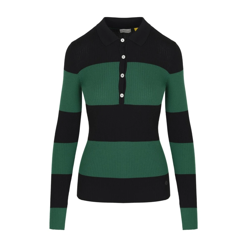 Moncler Green Polo Shirts, Female, S, Striped Knitted Polo