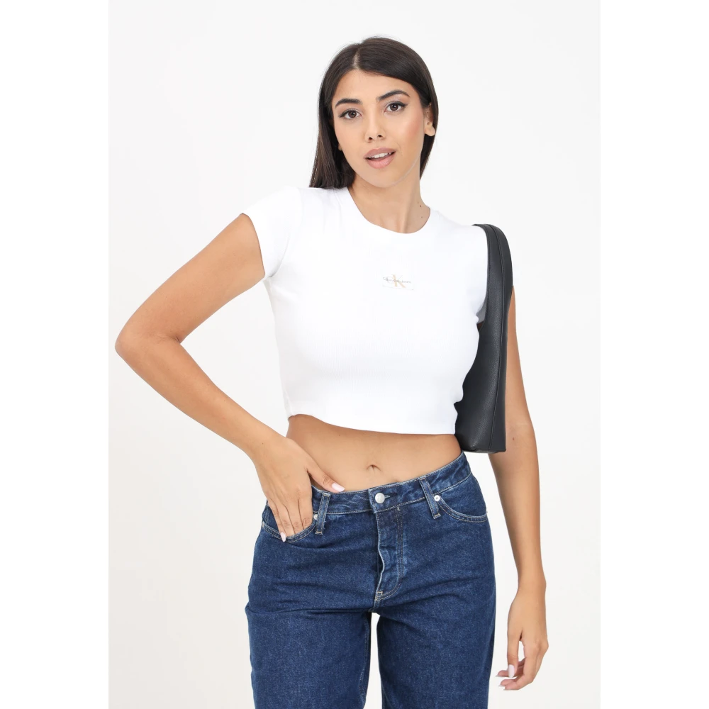 Calvin Klein Jeans Wit Geribbeld Katoenen T-shirt Logo Patch White Dames