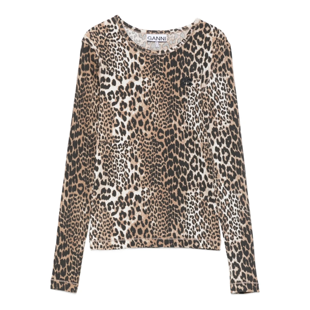 Ganni , Long Sleeve T-Shirts, Female, Brown, S, Leopard Rib T-Shirt
