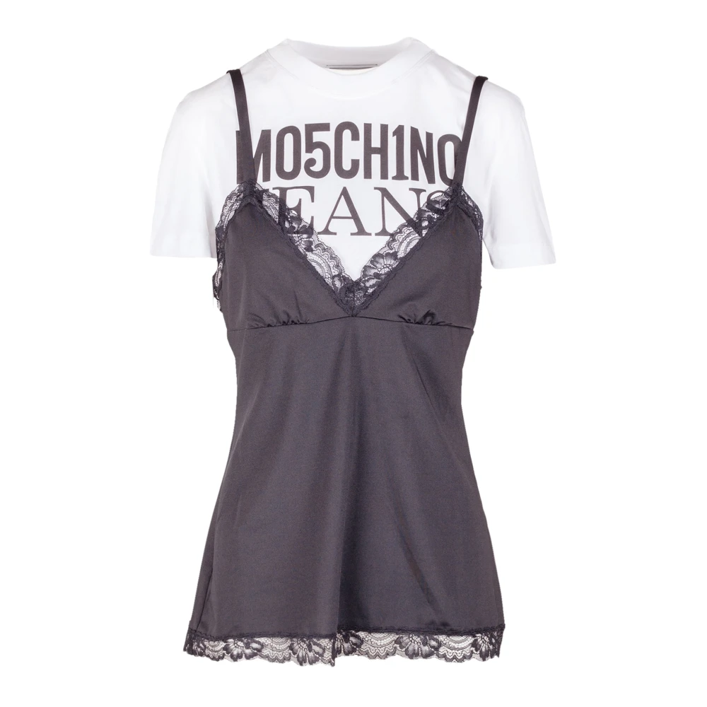 Moschino T-shirt met contrasterend logo en kanten detail Black Dames