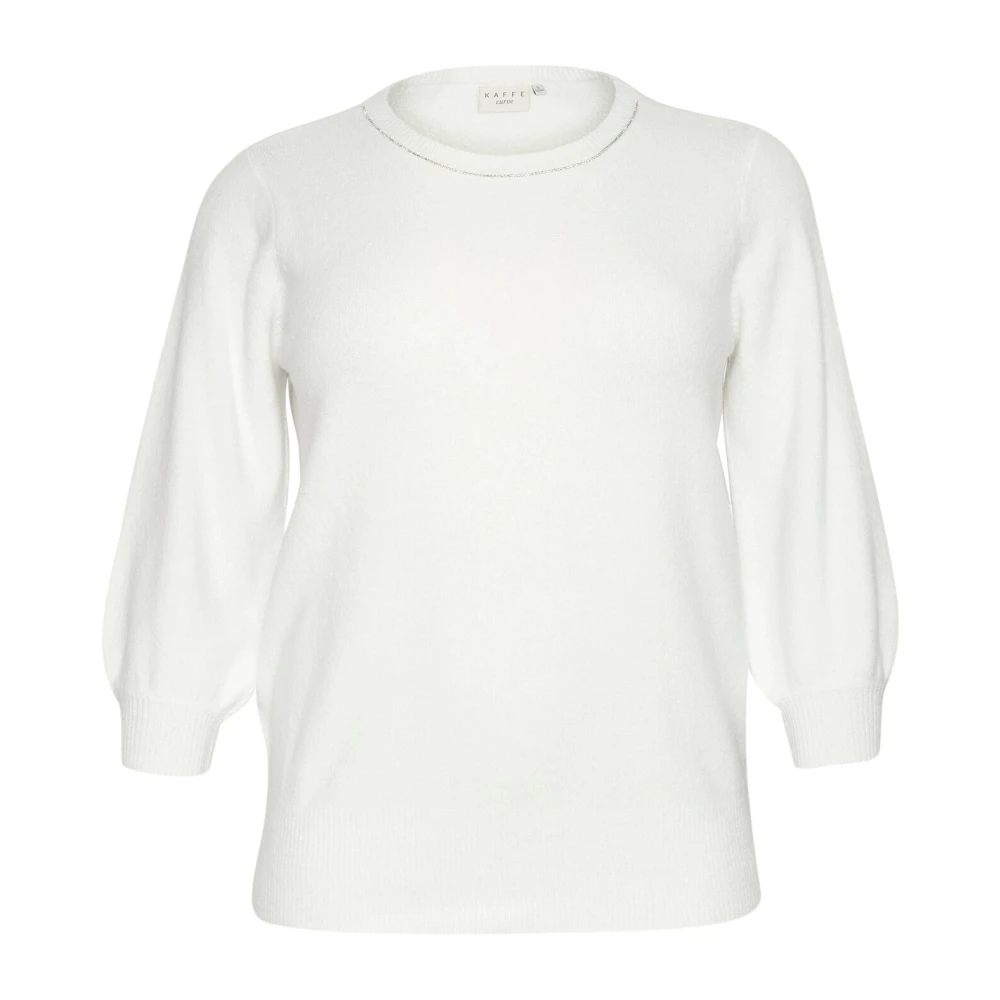 Kaffe Curve Women's White Round-Neck Knitwear, S, Soft Knit Pullover With Glimmer Detail