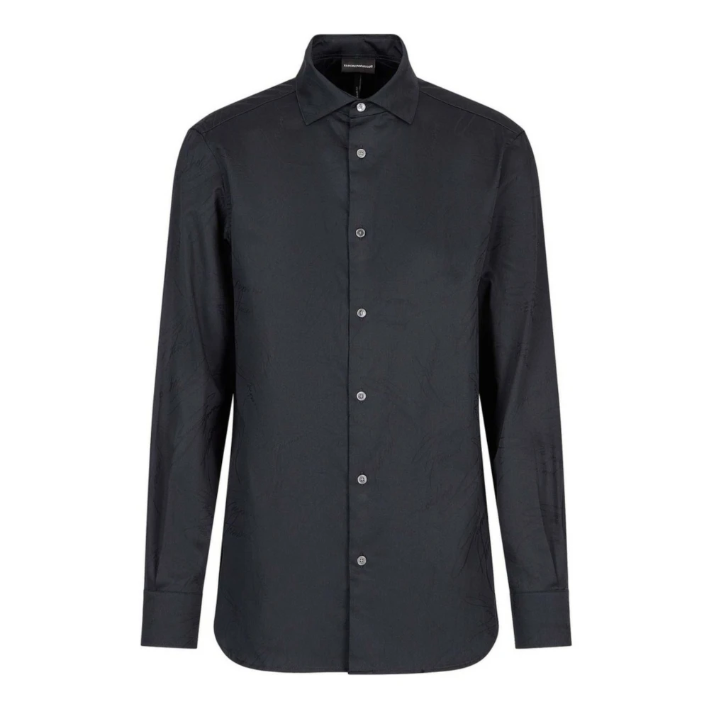 Emporio Armani Blauwe Navy Katoenen Overhemd met Lange Mouwen en Logo Lettering Overal Black Heren