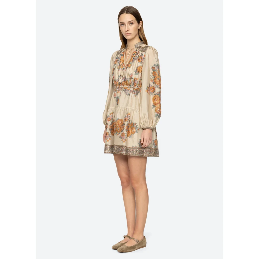Sea NY Bloemenprint Minijurk met Pofmouwen Beige Dames