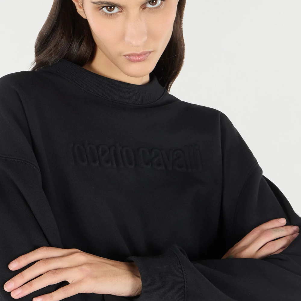 Roberto Cavalli Logo Geborduurde Cropped Sweatshirt Black Dames