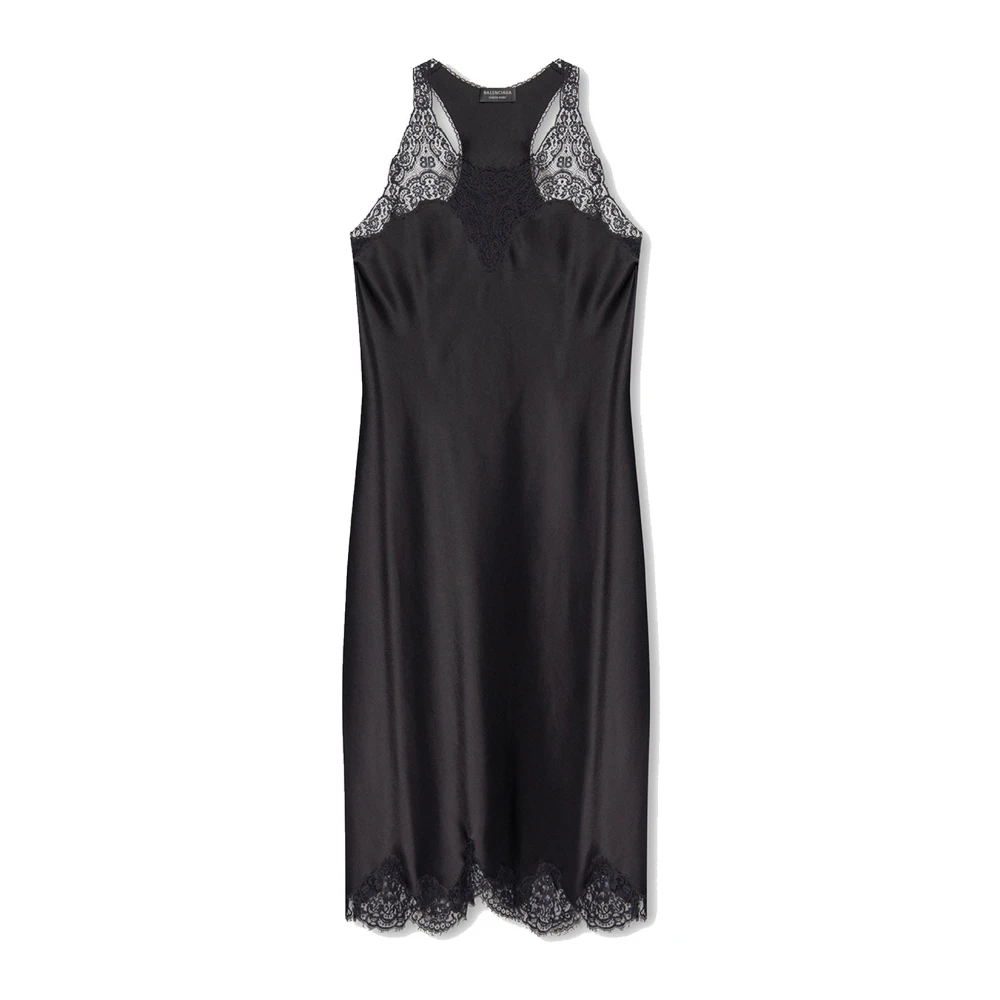 Balenciaga Satin Strappy Midi Jurk Kantafwerking Black Dames