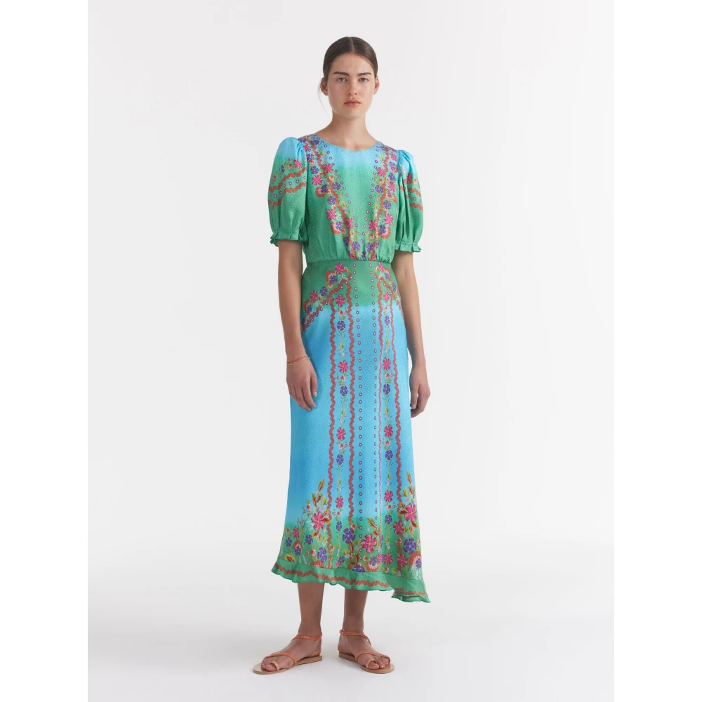 Saloni Bloemenrand Zijden Midi Jurk Multicolor Dames