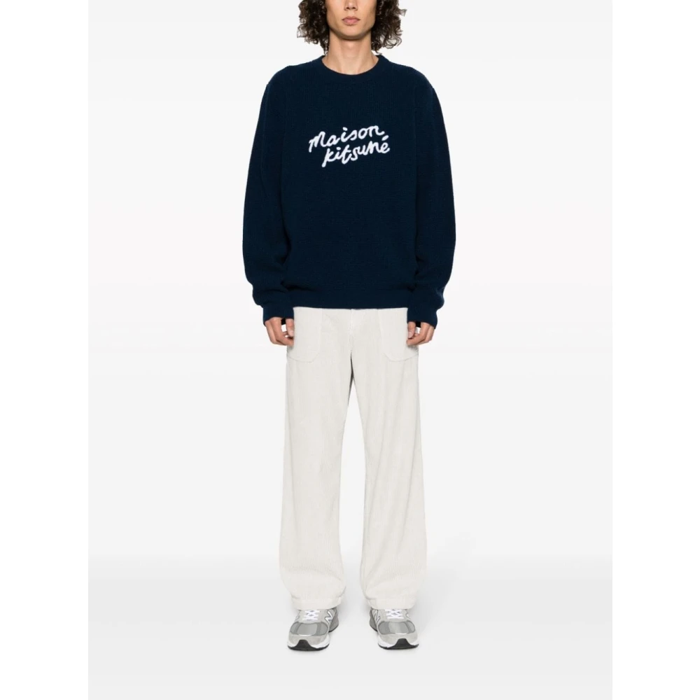 Maison Kitsuné Geborduurde Logo Wollen Trui Blue Heren