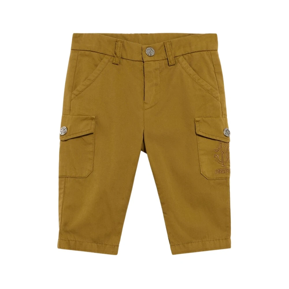 Roberto Cavalli Brown Trousers, Male, 2 Y, Ochre Cotton Cargo Bermuda With Monogram