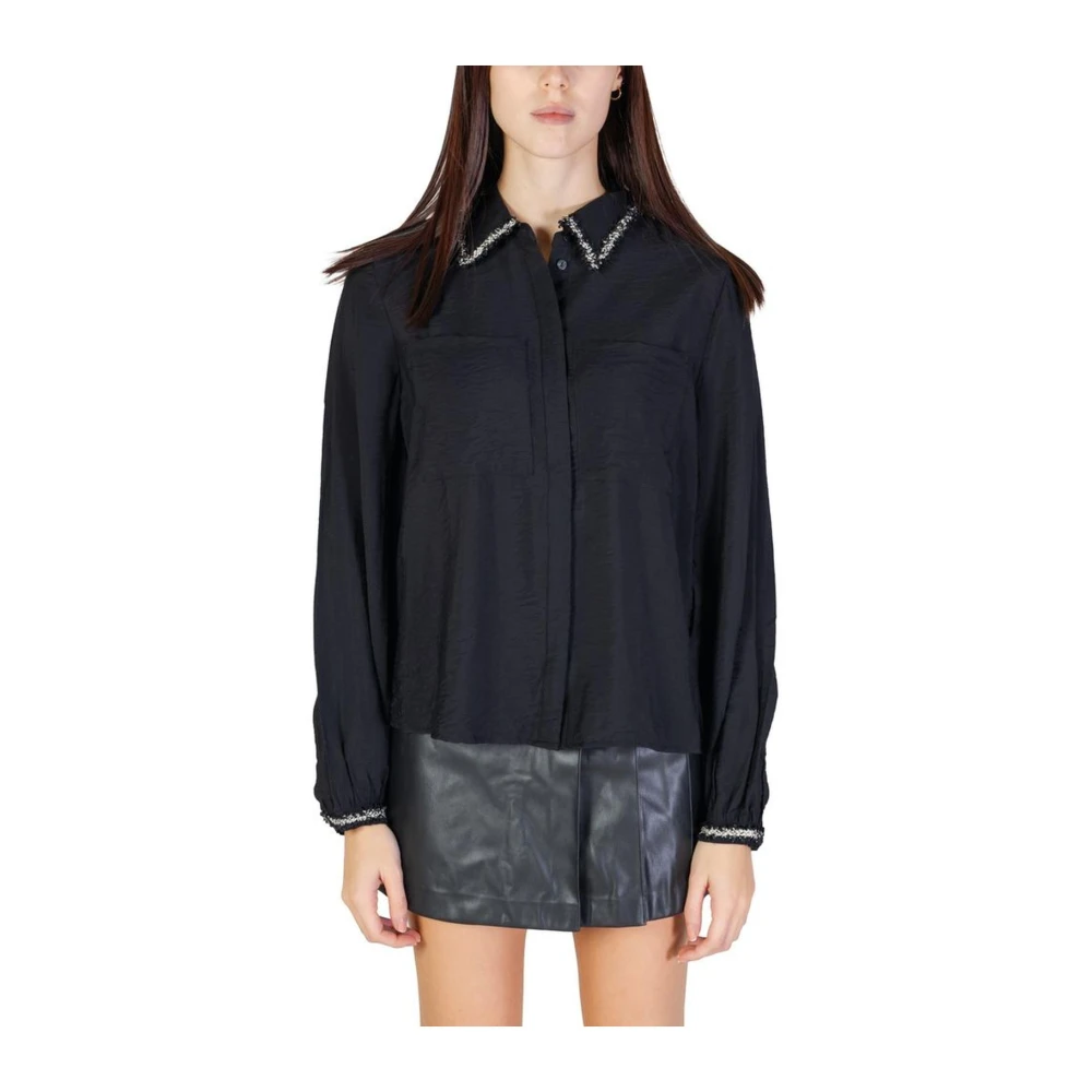 Vila Versierde Kraag Lange Mouw Shirt Black Dames