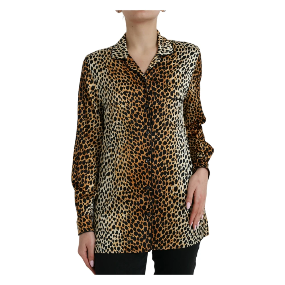 Dolce & Gabbana Elegante Bruine Zijden Blouse met Dierenprint Brown Dames