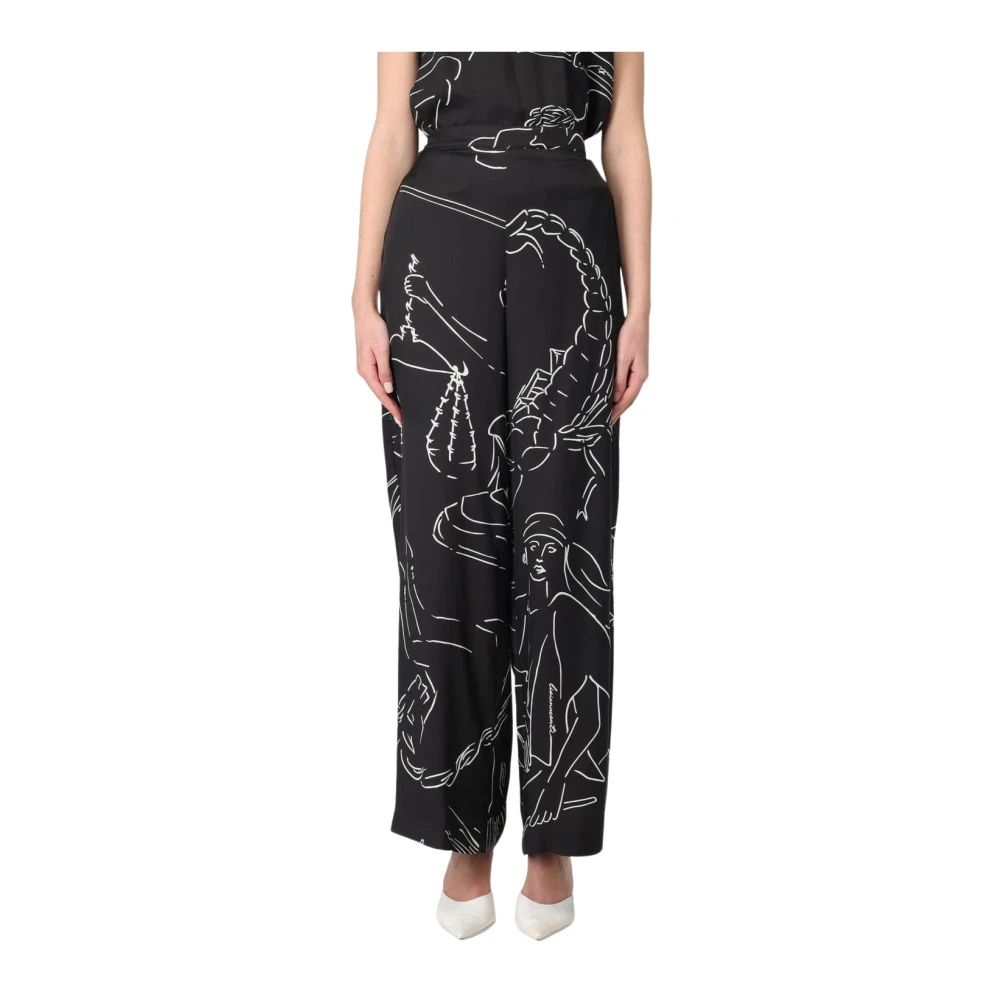 Liviana Conti Women's Black Wide Leg Silk Pants Mythological Print