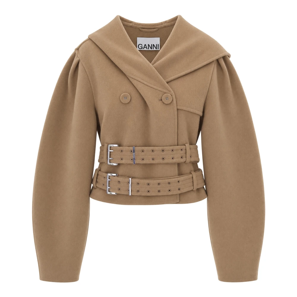 Ganni Donna Beige - Cappotto Doppiopetto Con Cappuccio - Coats - S