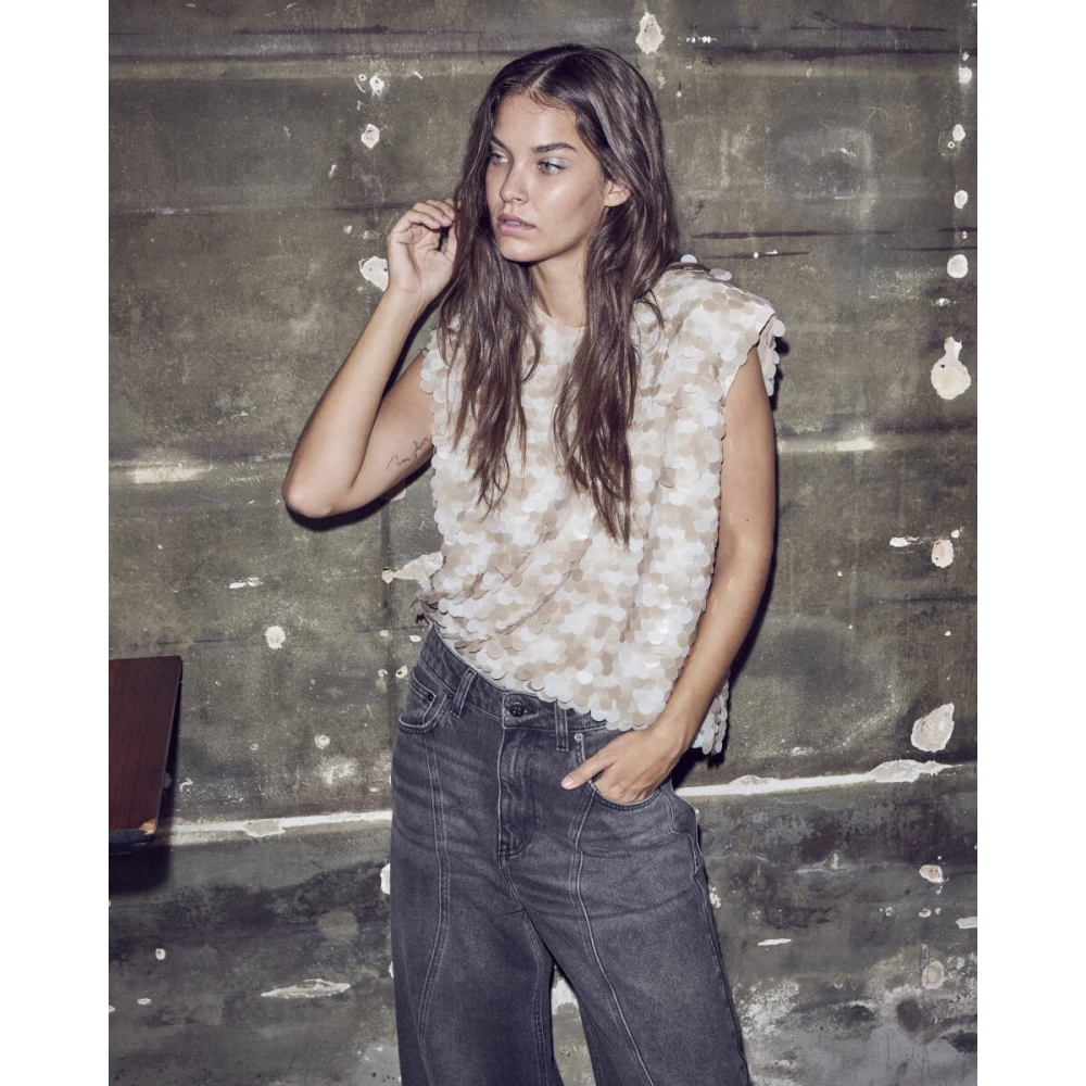 Co'Couture Sequin Bow Mouwloze Top Beige Dames