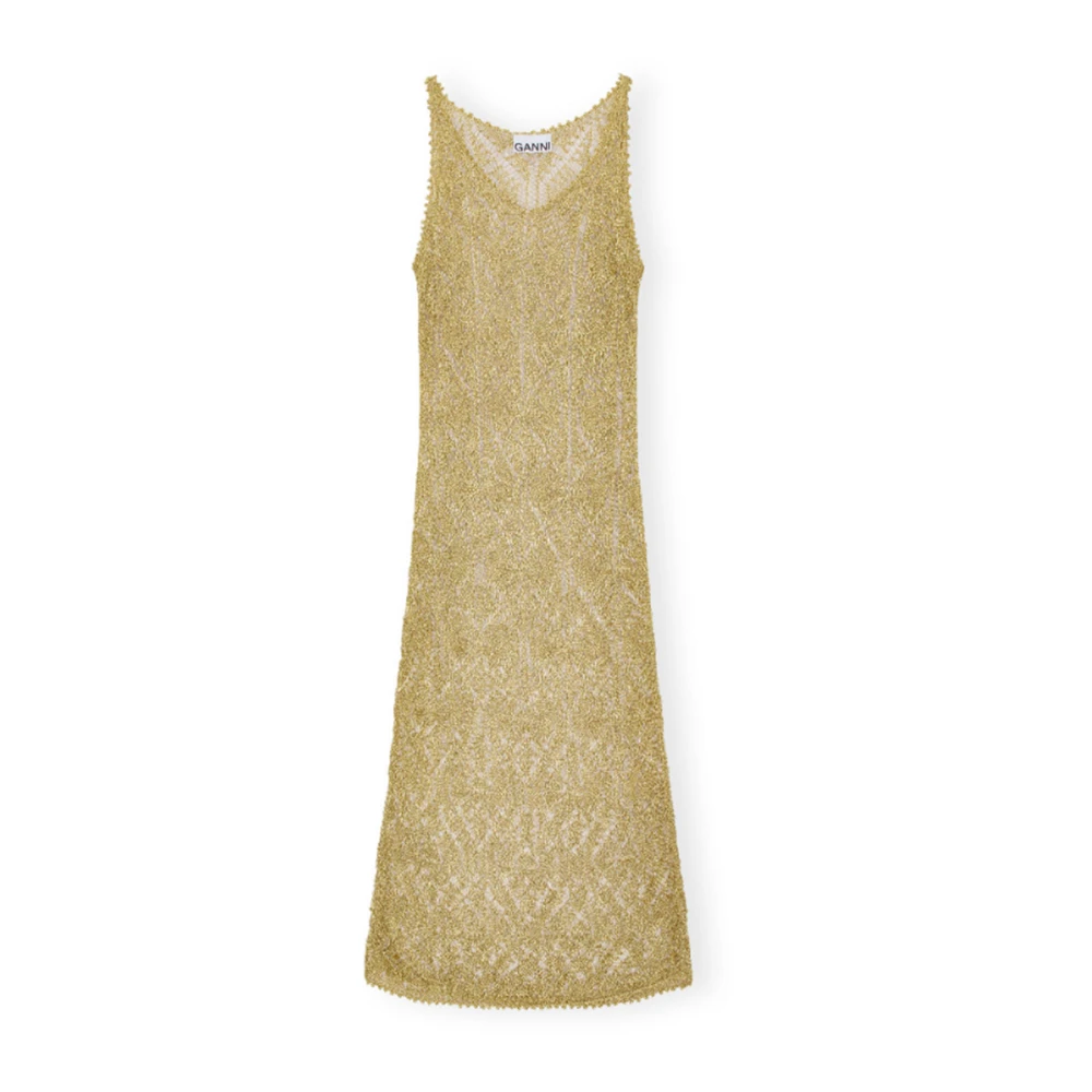 Ganni Metallic Textuur Diepe V-Hals Jurk Yellow Dames