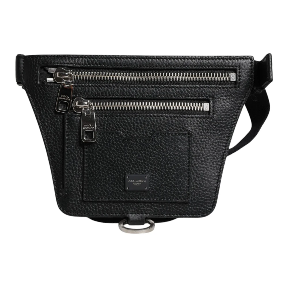 Dolce & Gabbana Unisex Black Bum Bags, One Size, Calfskin Logo Plaque Fanny Pack