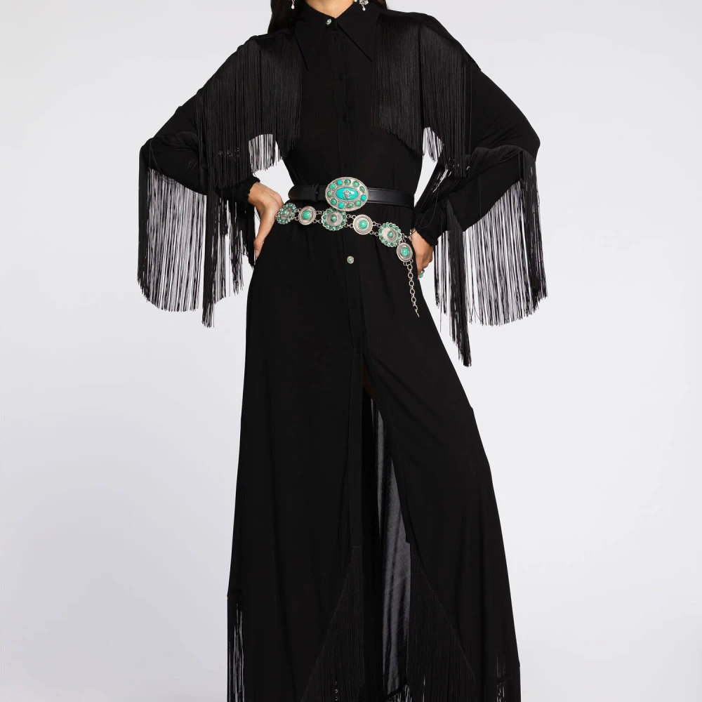 Roberto Cavalli Fringed Maxi Jurk met Punt Kraag Black Dames