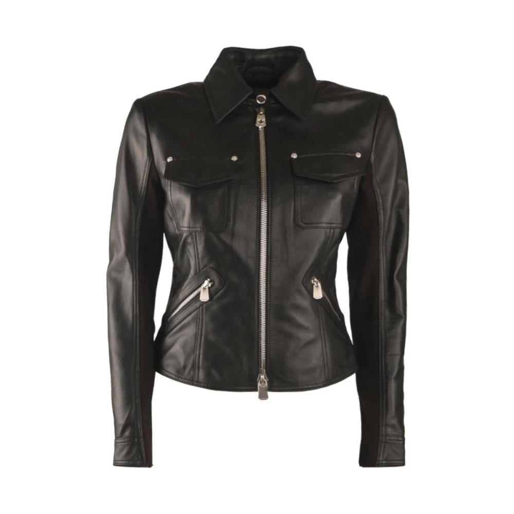 Pinko Leren bikerjack met stoffen inzetstukken Black Dames