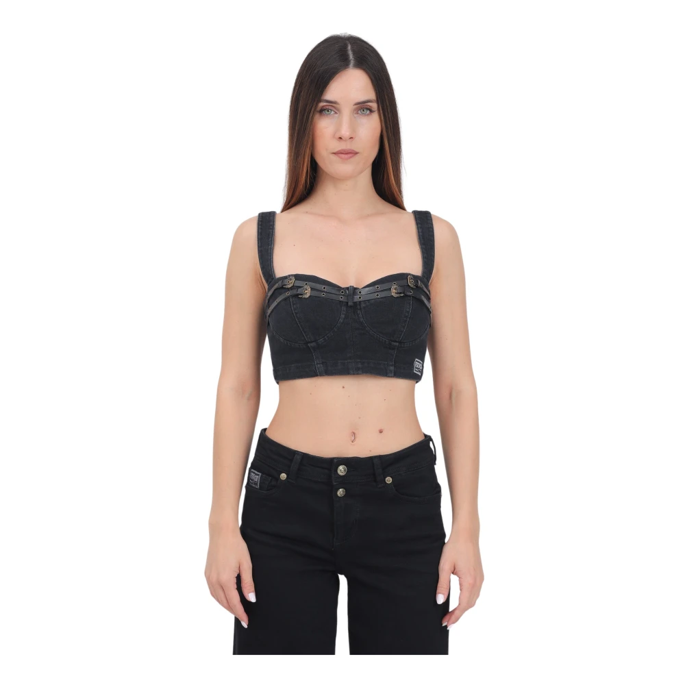 Versace Jeans Couture Zwarte denim lijfje met barok gespen Black Dames