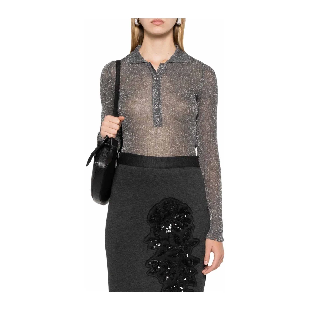 pinko Grijze Geribbelde Lurex Polo Sweater Gray Dames