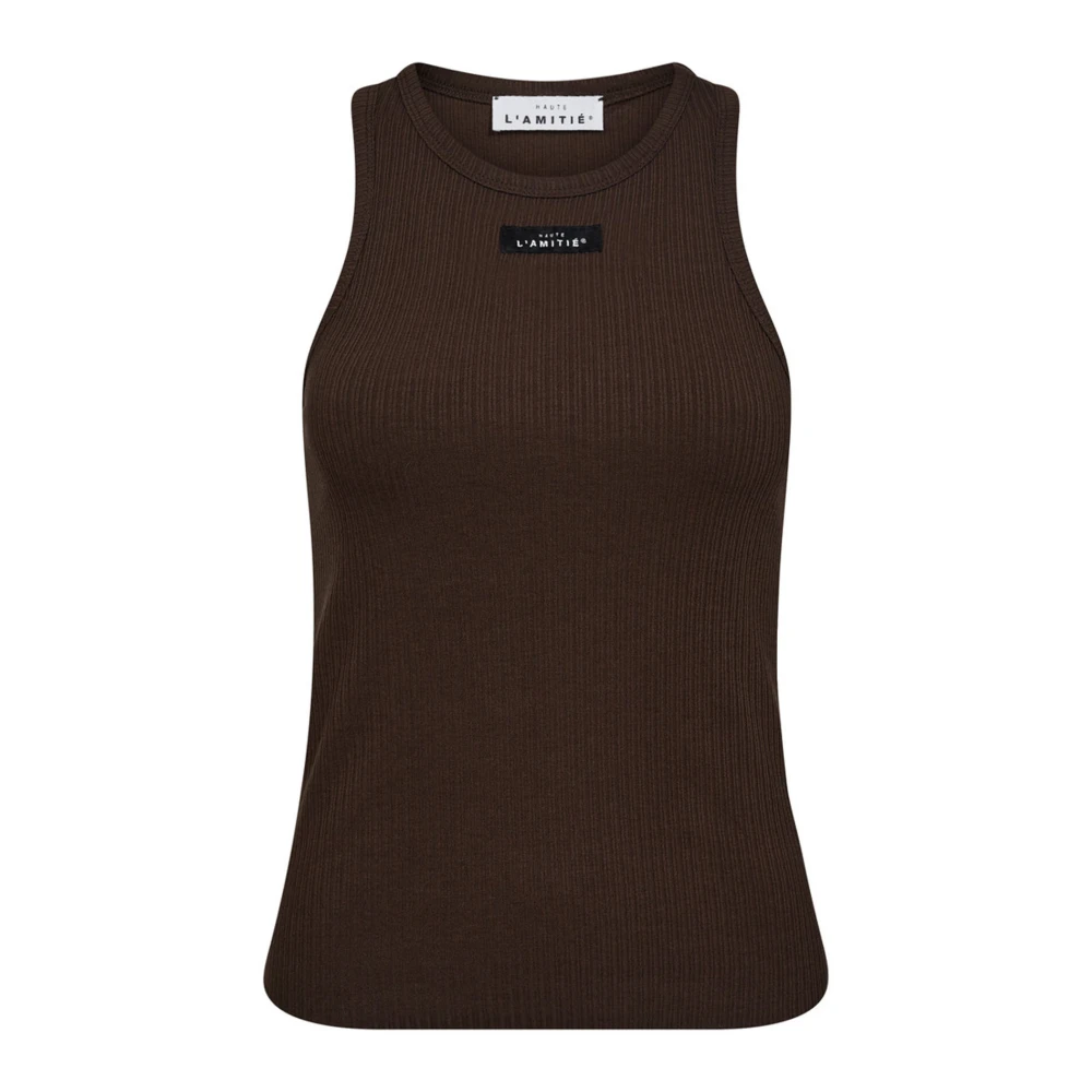 Haute L'amitié Women's Brown Rib Badge Tank Top & T-Shirt In Mocca - Sleeveless Tops - L - Tops