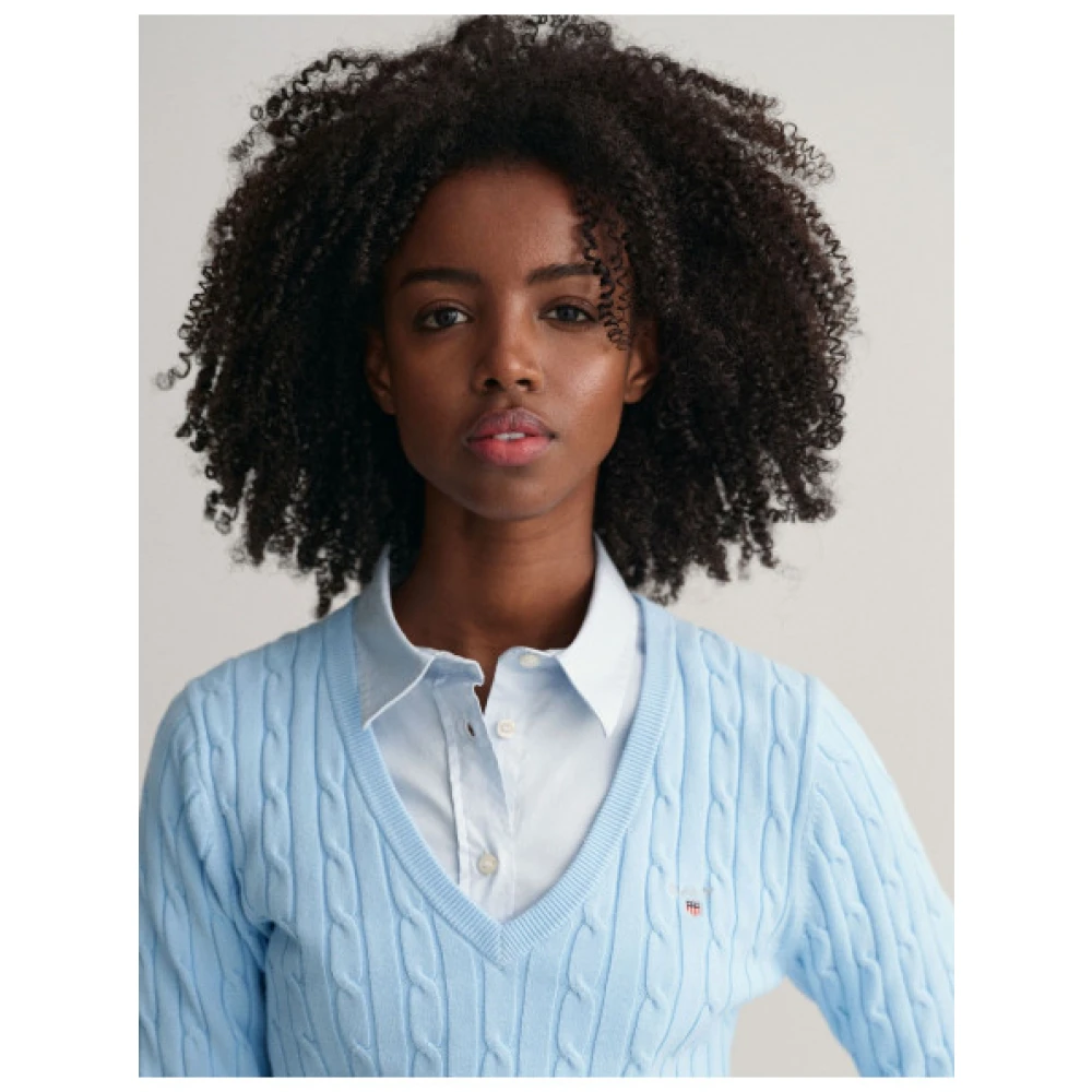 Gant Gebreide katoenen V-hals trui Blue Dames