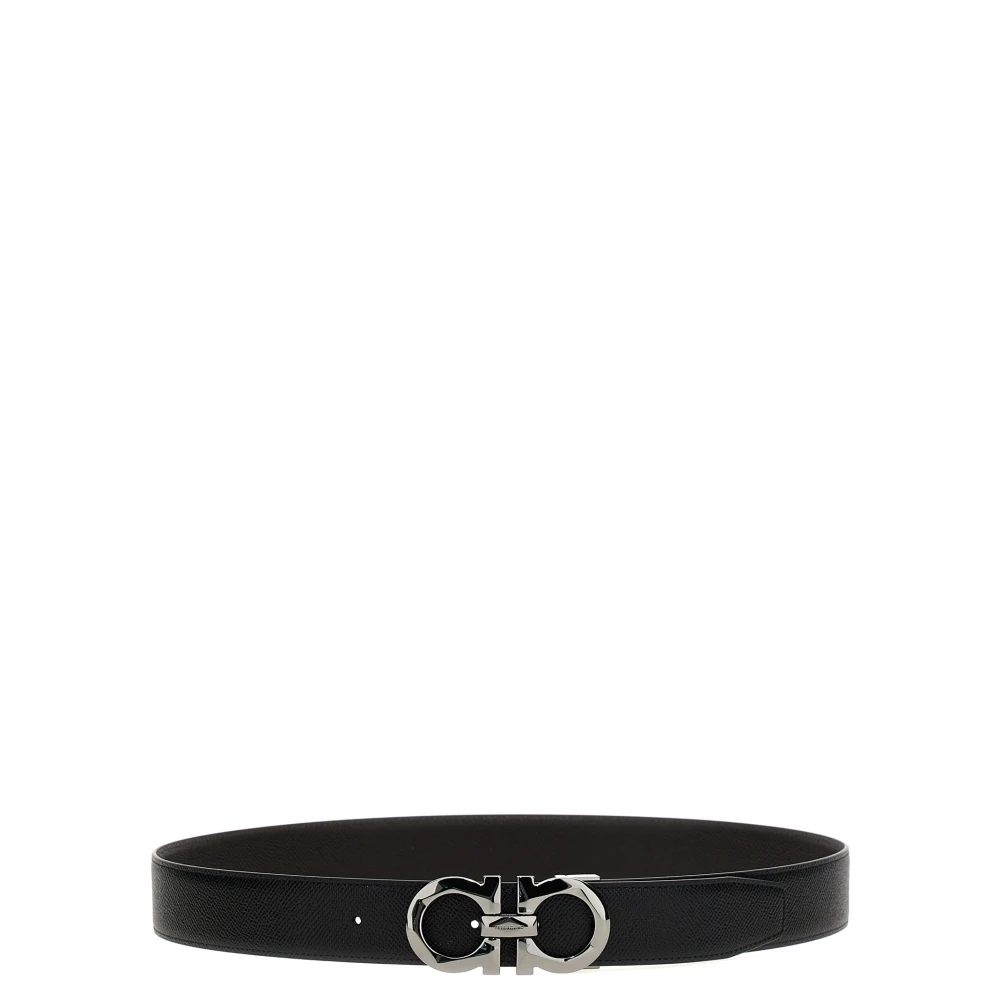 Ferragamo Men's Black Hammered Leather Reversible Belt - Belts - 90 Cm - Accessories