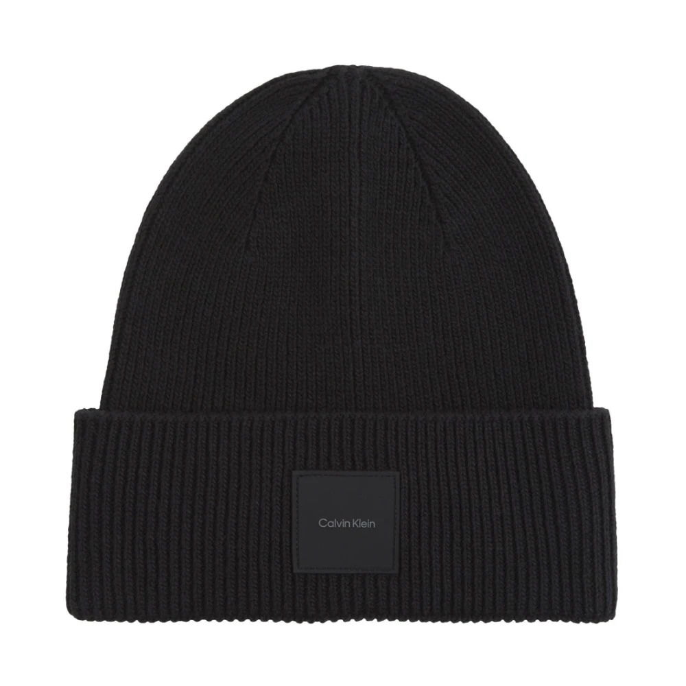 Calvin Klein Zwarte Geribbelde Beanie Muts voor Mannen Black Heren