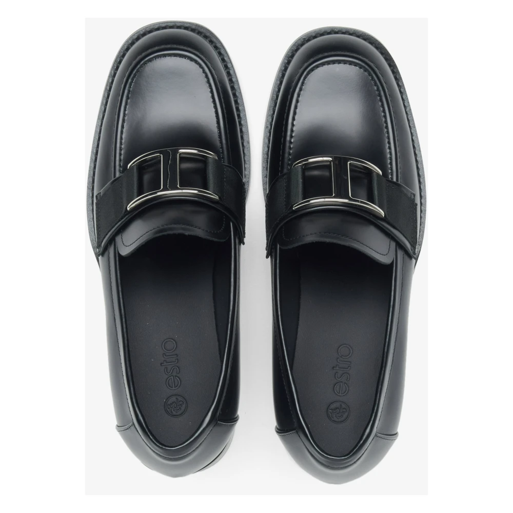 Estro Zwarte leren pennyloafers voor dames met een decoratieve gesp Black Dames