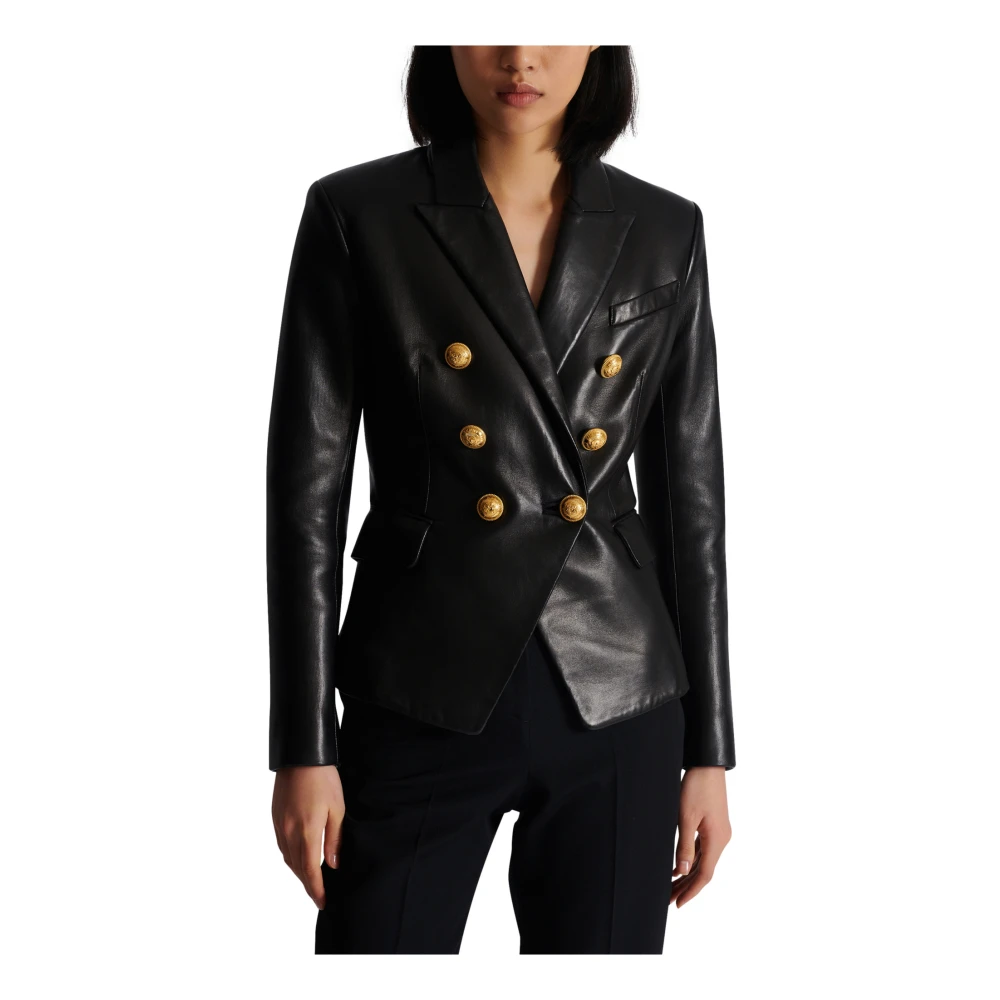 Balmain Klassieke 6-knopen leren jas Black Dames