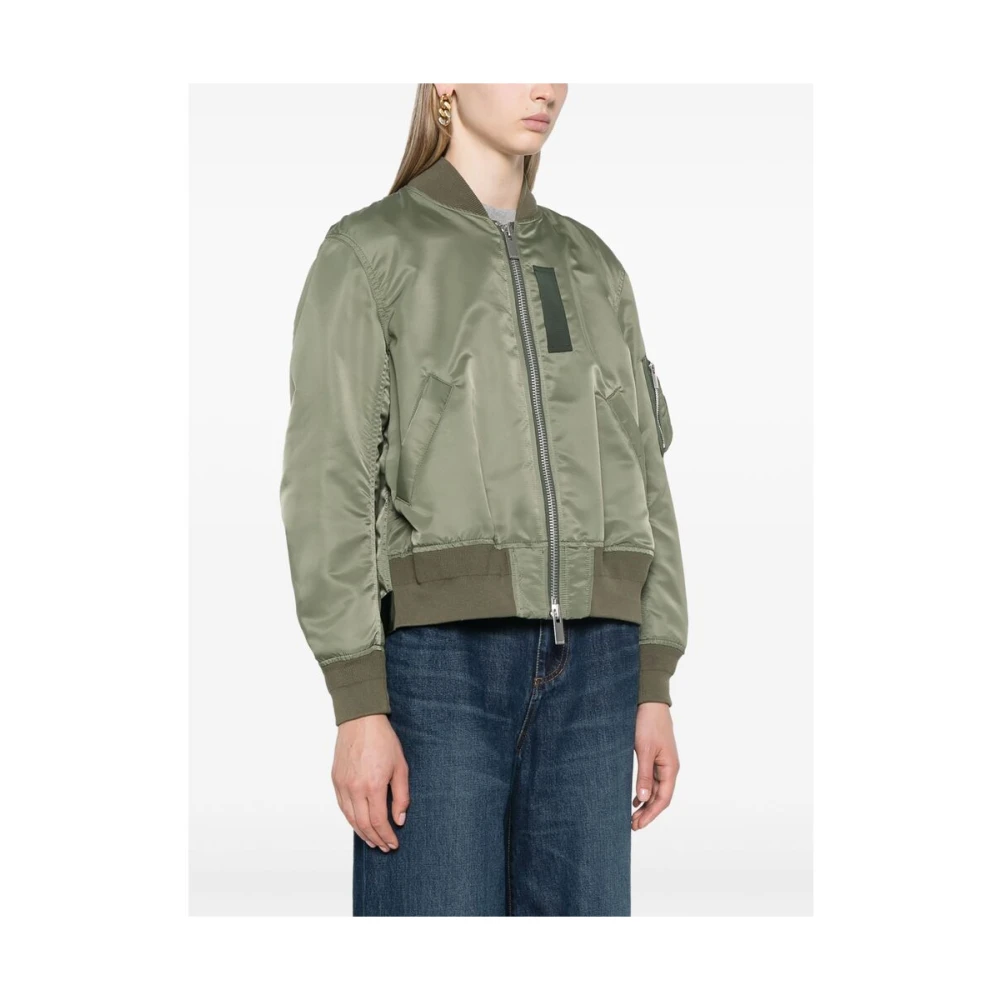Sacai Khaki Geribbelde Kraag Jas Green Dames