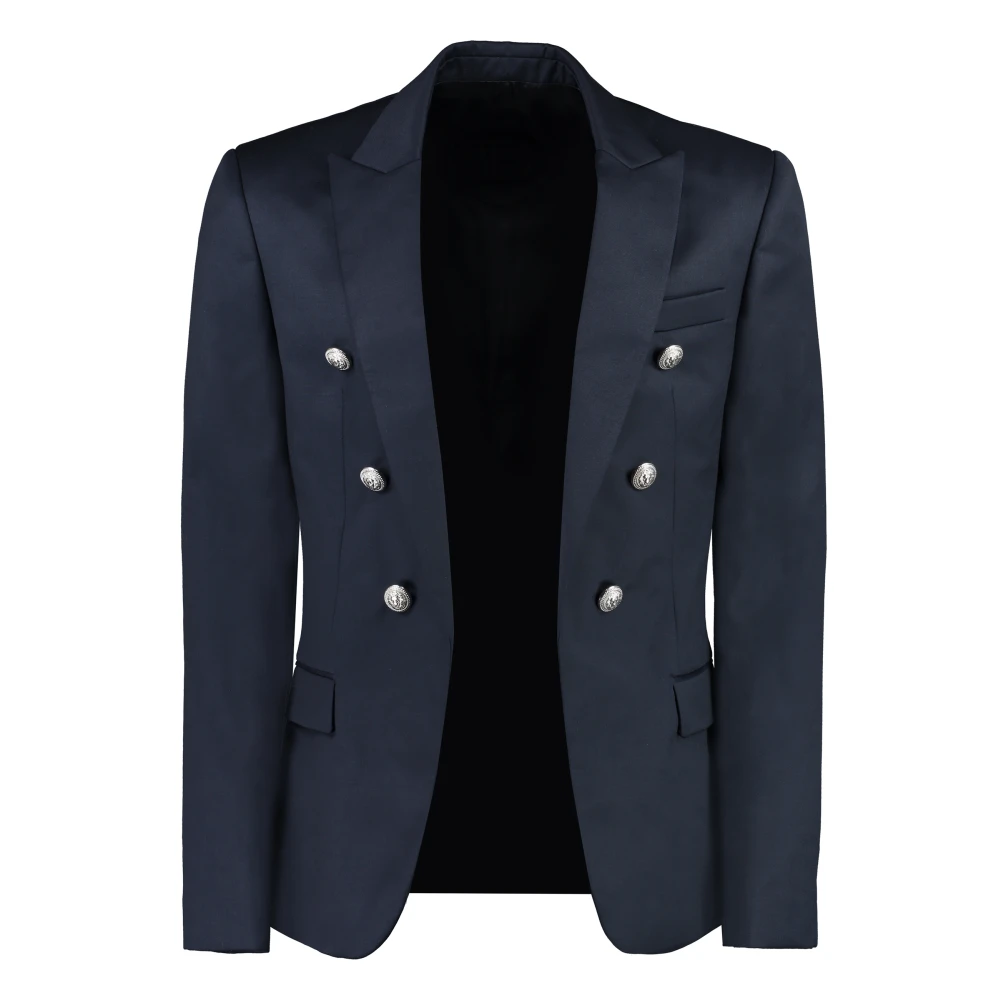 Balmain Wollen Double-Breasted Jas met Peak Revers Blue Dames