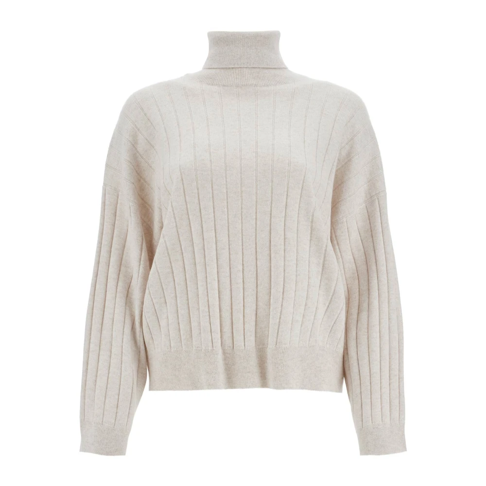 Brunello Cucinelli Kashmir High-Neck Pullover Sweater Beige, Dam