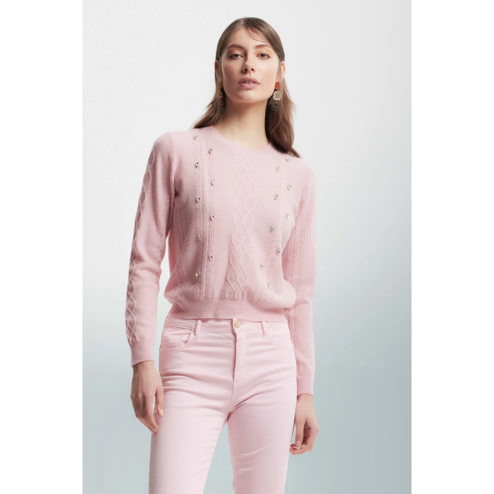 Kocca Rhinestone Kabel Gebreide Wol Jumper Pink Dames