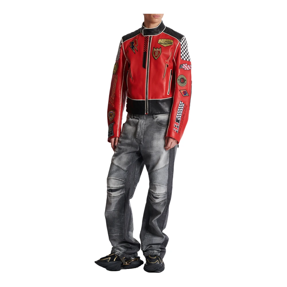 Balmain Lamsleren jas met Racing-patches Red Heren