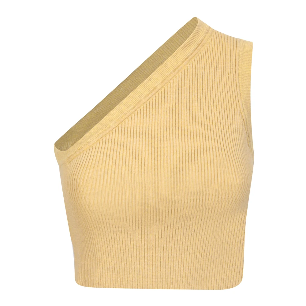 Jacquemus Elegante Gele Ribgebreide One-Shoulder Top Yellow Dames