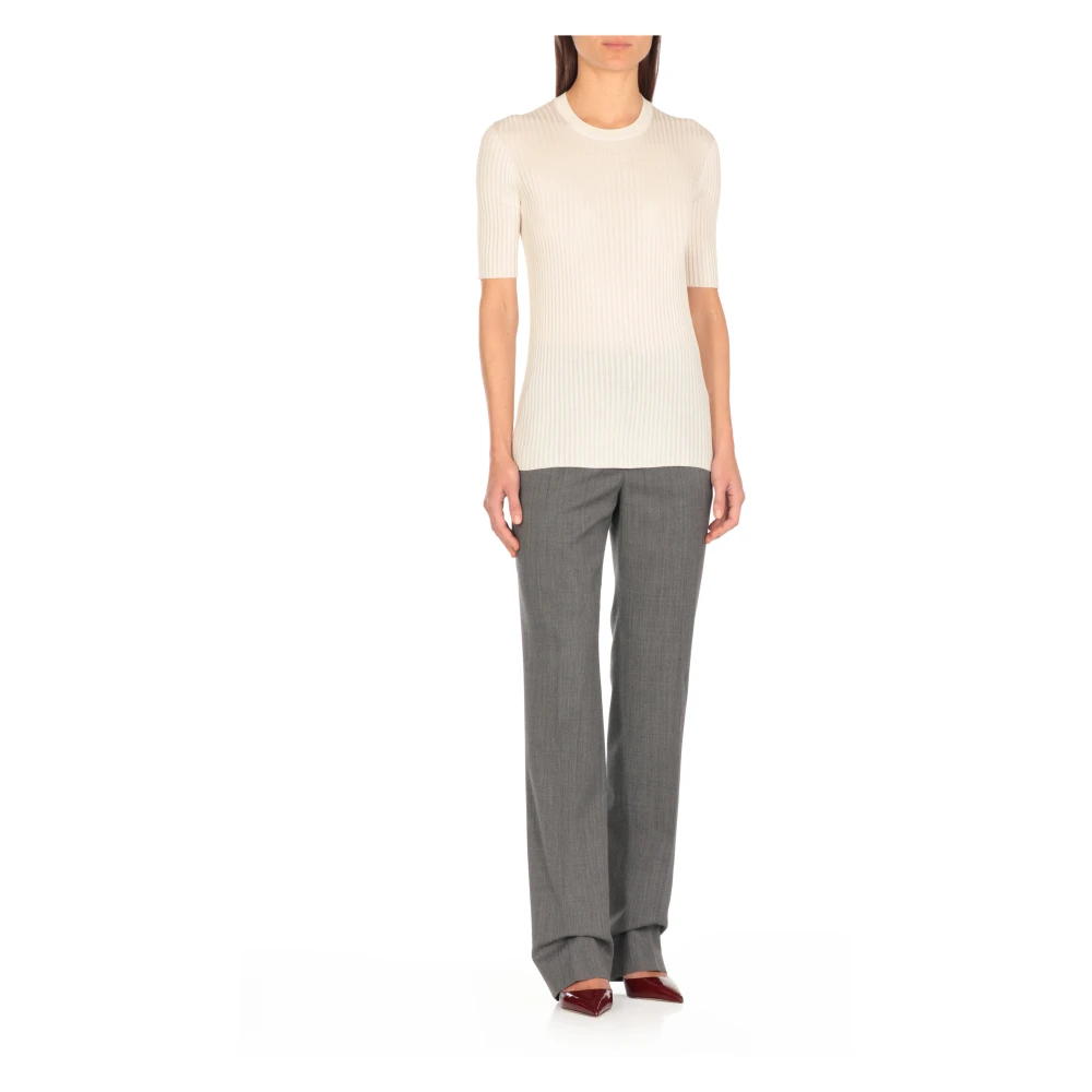 Jil Sander Zijden Geribbeld T-shirt Ivoor Beige Dames