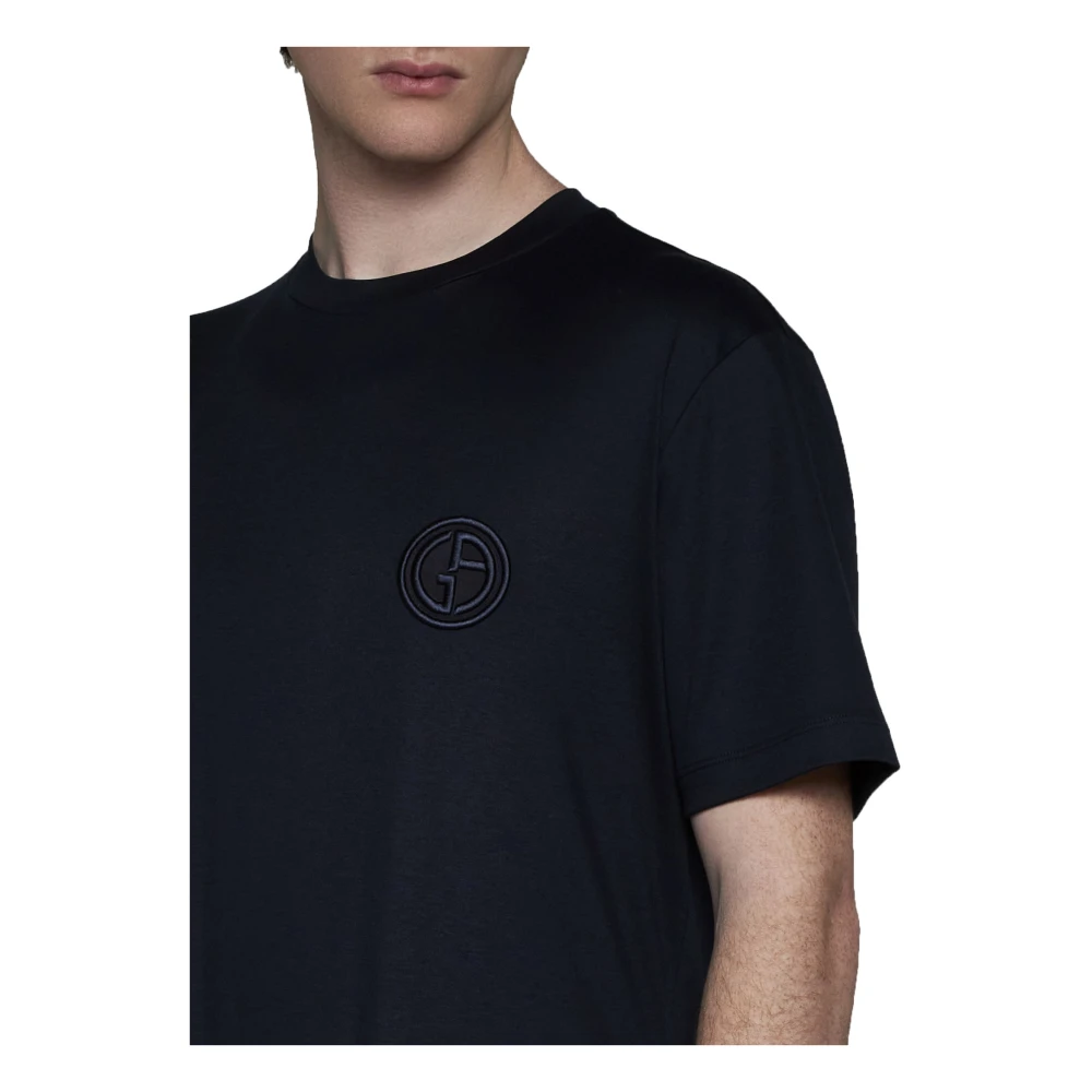Giorgio Armani Blauwe Katoenen Logo Geborduurde T-shirts Blue Heren
