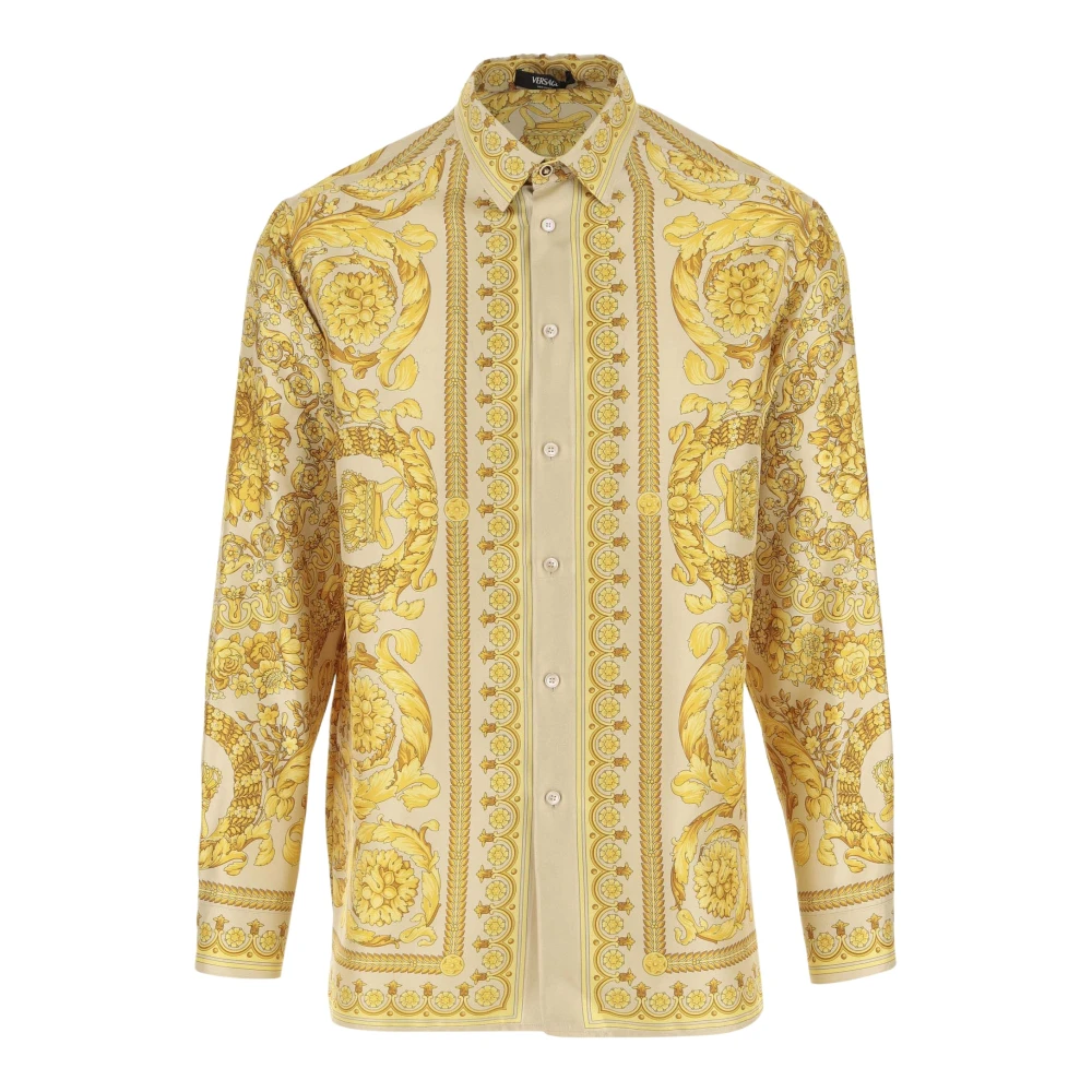 Versace Zijden Barok Print Shirt Yellow Heren