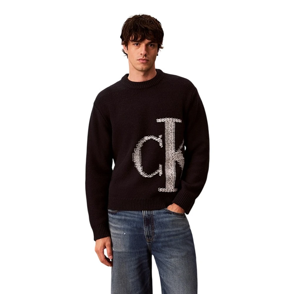 Calvin Klein Jeans Mens Monogram Crew Neck Knitted Jumper, Black, Size M, Men - Image 3