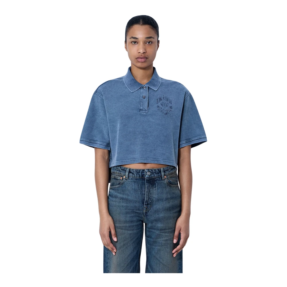 Alexander Wang Women's Blue Polo Shirts, S, Cropped Piqué Polo T-Shirt