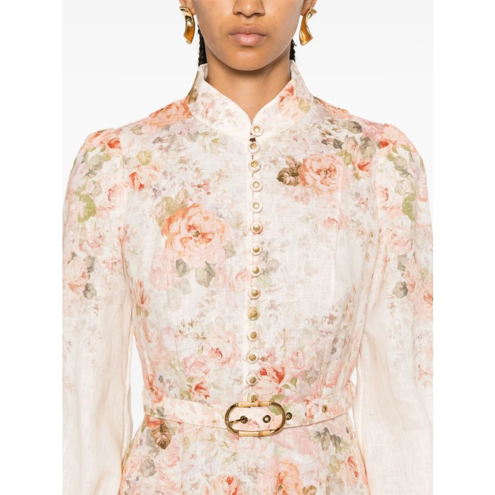 Zimmermann Roze Linnen Jurk met Blouson Mouwen Pink Dames