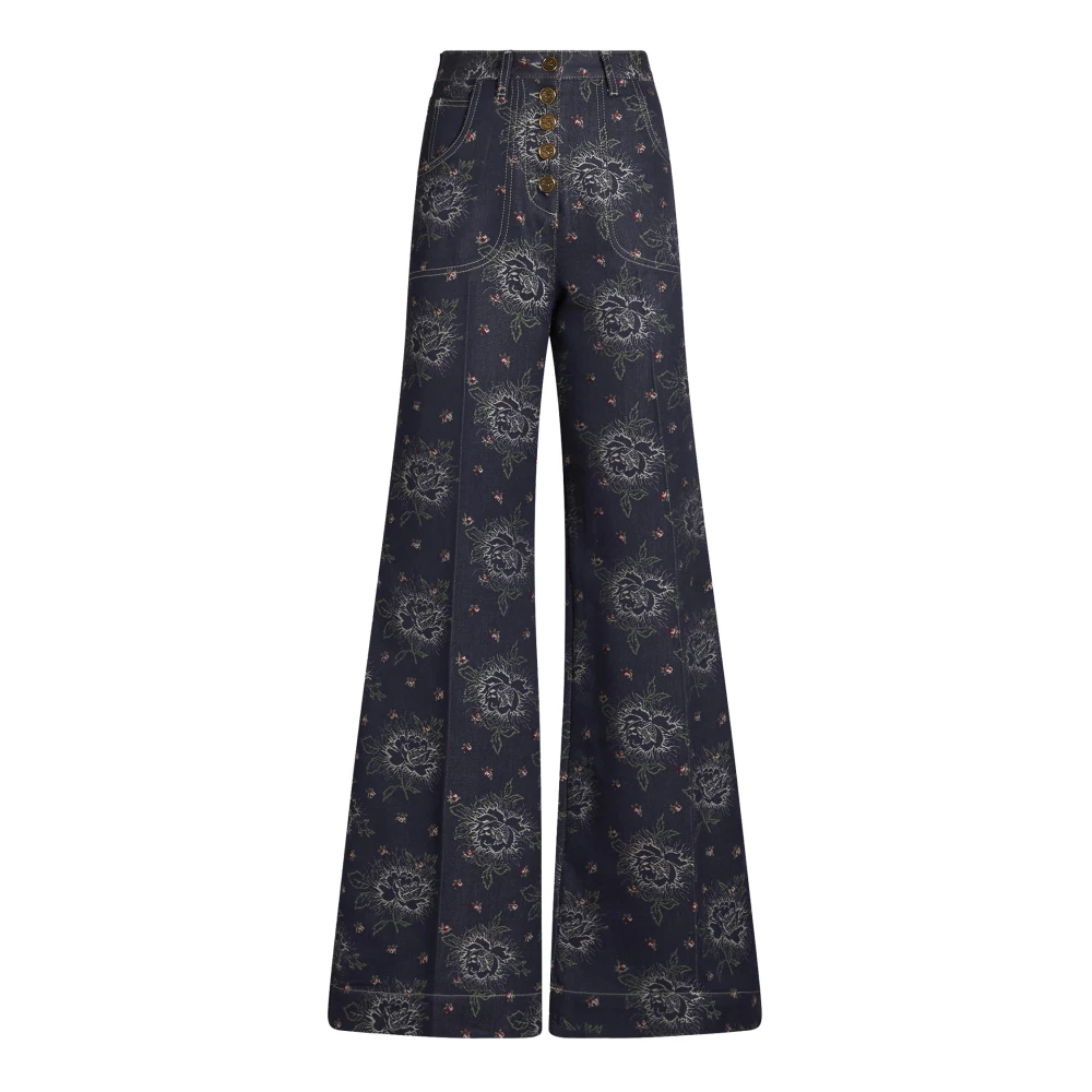 Blå Blomstret Flared Dame Jeans