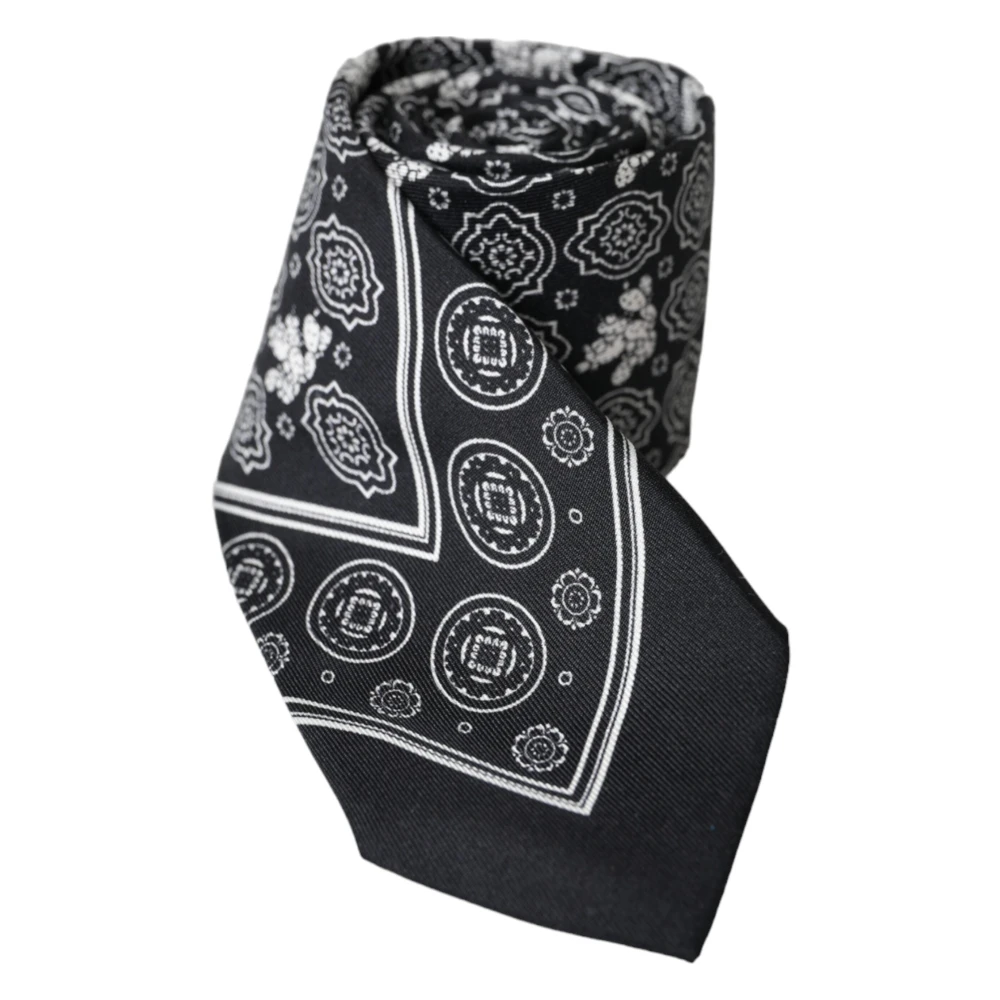 Dolce & Gabbana Zwart patroon zijden stropdas met logo Black Heren