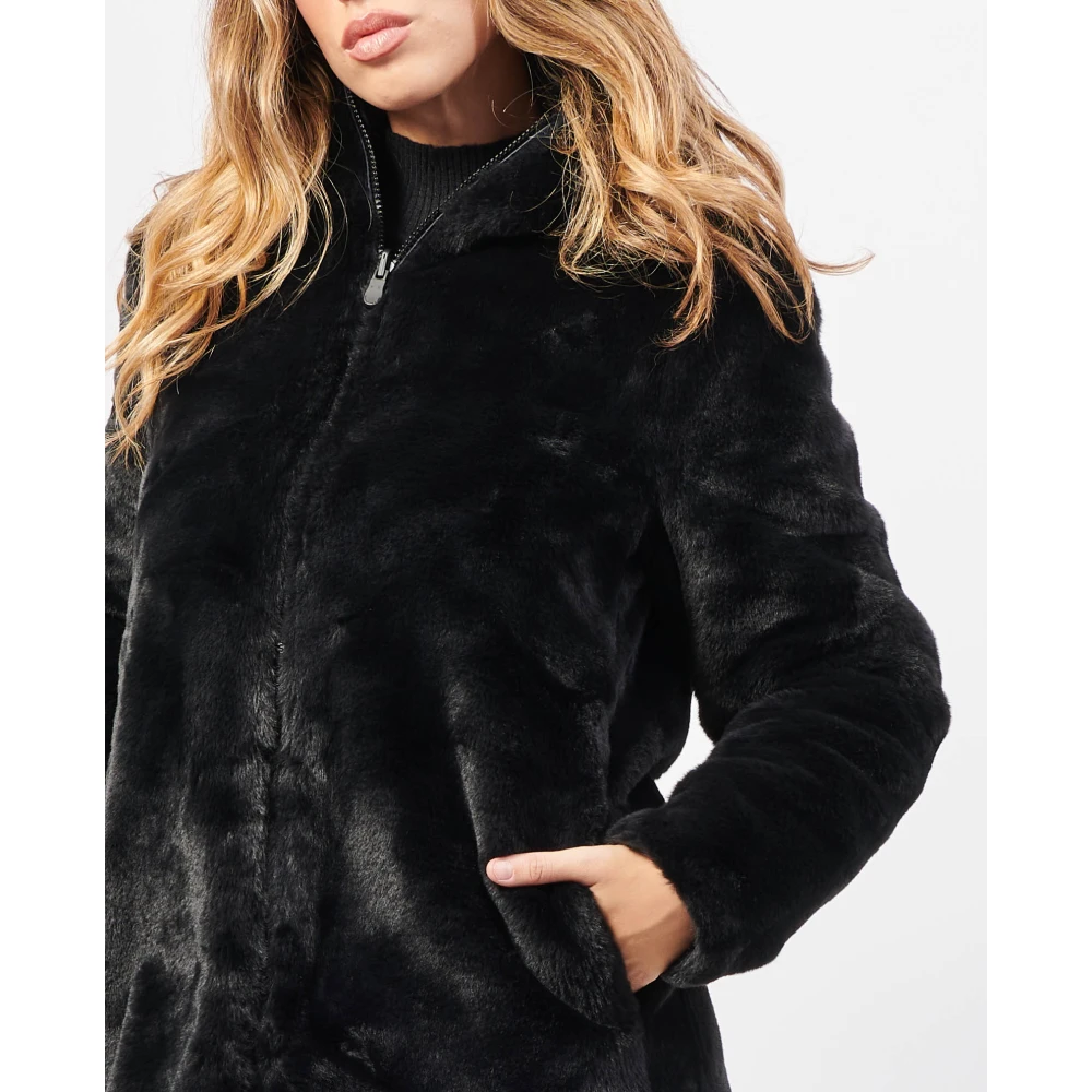 Save The Duck Omkeerbare Lange Jas met Nepbont Black Dames
