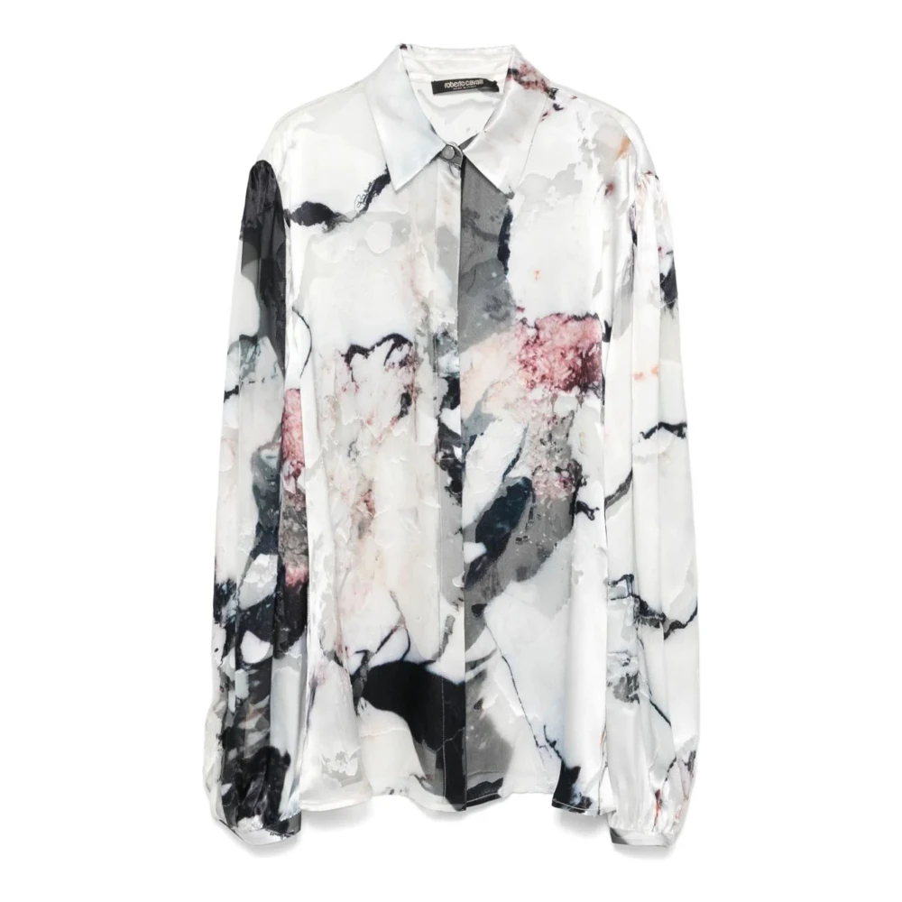Roberto Cavalli Marmergedrukte Satijnen Shirt Wit Multikleur White Dames