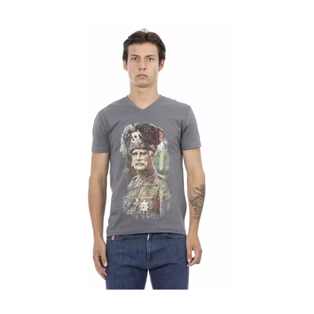 Trussardi Elegant V-hals T-shirt met frontprint Gray Heren