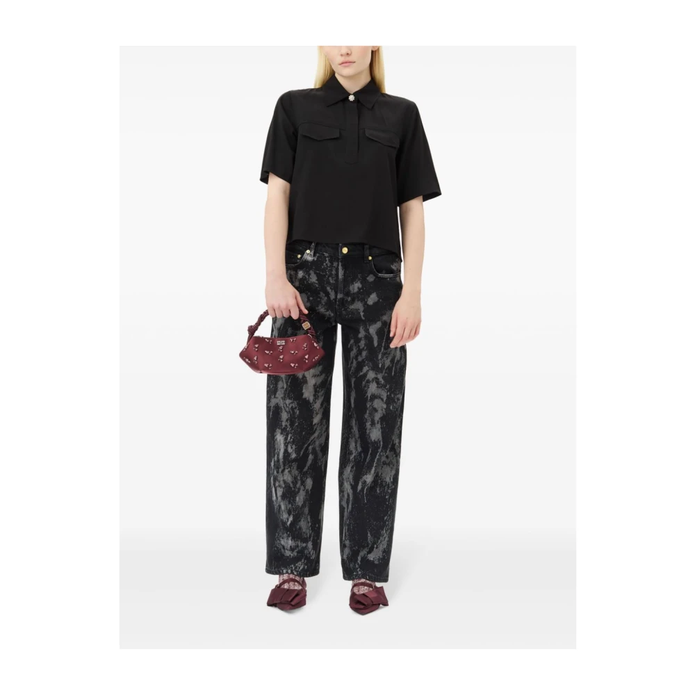 Ganni Zwarte Bloemen Glitter Motorbloes Black Dames