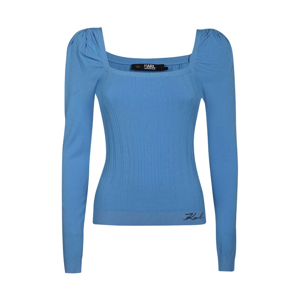 Karl Lagerfeld Geribbelde Viscose Top met Geborduurd Logo Blue Dames